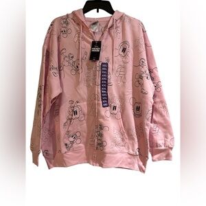 🆕  Disney Mickey Mouse Pink Embroidered Hoodie Zip Up Jacket